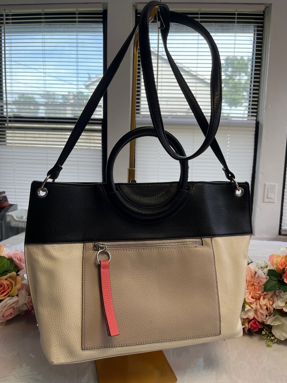 Liz Claiborne Colorblock Satchel Crossbody Bag Black Cream Taupe